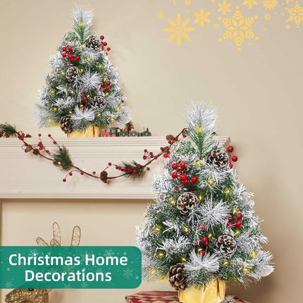 TURNMEON 2 Pack 24 Inch /2FT Tabletop Small Christmas Tree with Timer 30 Warm White Lights Battery Operated Snowy Pine Cones Red Berried, Mini Xmas Trees for Christmas Decorations Indoor Home Decor