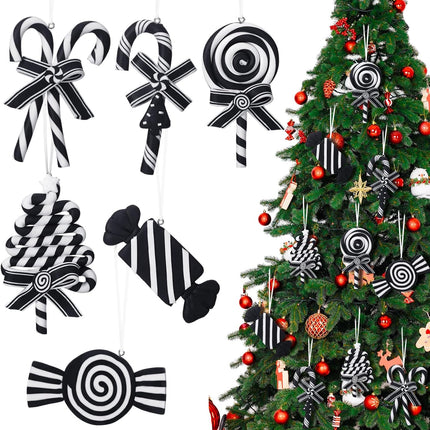 Blulu 6 Pcs Christmas Black and White Candy Cane Hanging Ornaments Halloween Glitter Candy Tree Decorations Polymer Clay Peppermint Candy Winter Holiday Xmas Party Supplies for Wreaths Christmas trees