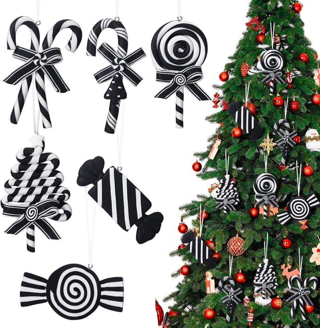 Blulu 6 Pcs Christmas Black and White Candy Cane Hanging Ornaments Halloween Glitter Candy Tree Decorations Polymer Clay Peppermint Candy Winter Holiday Xmas Party Supplies for Wreaths Christmas trees