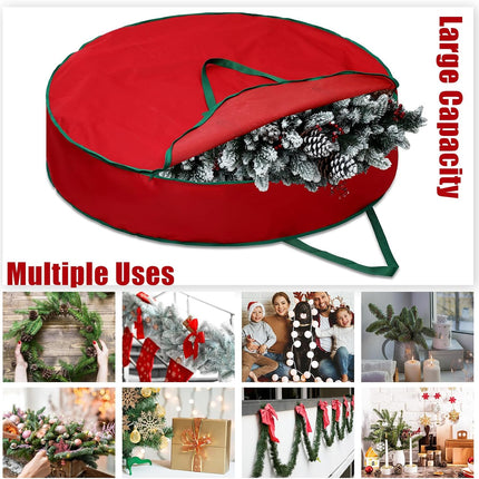 1 Pcs 60 Inch Christmas Wreath Storage Bag Zippered Garland Holiday Container with Reinforced Handle Tear Resistant 600d Oxford Wreath Organizer Christmas Wreath Holder with Card (Red)