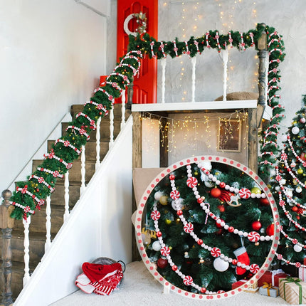 Gerrii 9 Feet Large Christmas Tree Candy Bead Garland Holiday Red and White Peppermint Decorations Christmas Plastic Garland Hanging Ornaments for Xmas Party Fireplace Home Decor(2 Pieces)
