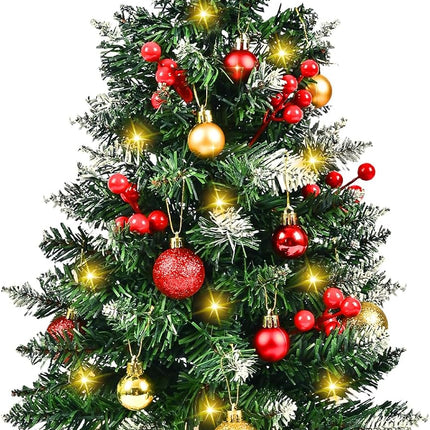 Mini Christmas Tree with LED Lights, 24 Inch Tabletop Christmas Tree with Berries Star Treetop Ornaments Balls Artificial Small XMS Tree for Table Desk Home Christmas Holiday Decor