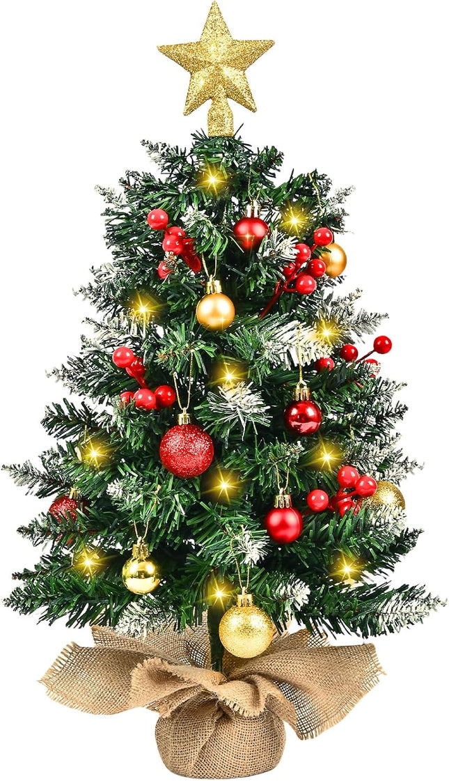 Mini Christmas Tree with LED Lights, 24 Inch Tabletop Christmas Tree with Berries Star Treetop Ornaments Balls Artificial Small XMS Tree for Table Desk Home Christmas Holiday Decor