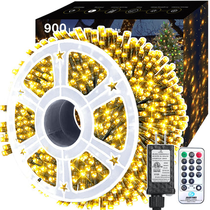 295FT 900 LED Christmas Lights Outdoor Indoor, LED Warm White String Lights with 8 Modes Remote, Timer & Memory Function Tree Lights Twinkle Lights Plug in for Garden Party Holiday Decor