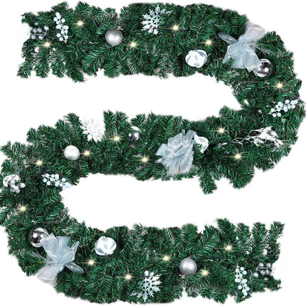 MorTime 9 FT LED Christmas Garland with Berries Bows Christmas Balls, Pre-Lit Artificial Garland with 50 Warm White LED Lights for Indoor Outdoor Christmas Decorations