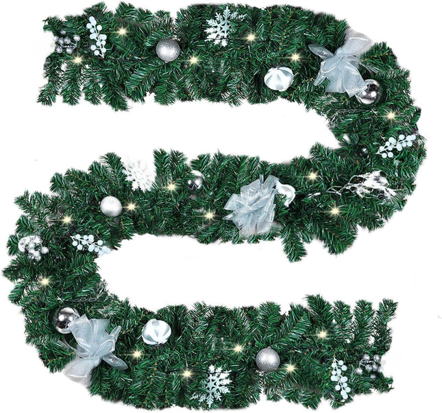 MorTime 9 FT LED Christmas Garland with Berries Bows Christmas Balls, Pre-Lit Artificial Garland with 50 Warm White LED Lights for Indoor Outdoor Christmas Decorations