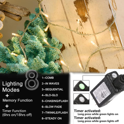 gresonic 33ft 100 LED String Lights Indoor Outdoor, Warm White Christmas Lights Clear Wire, 8 Modes Waterproof Twinkle Fairy String Lights Plug in for Tree Room Bedroom Wedding Decorations