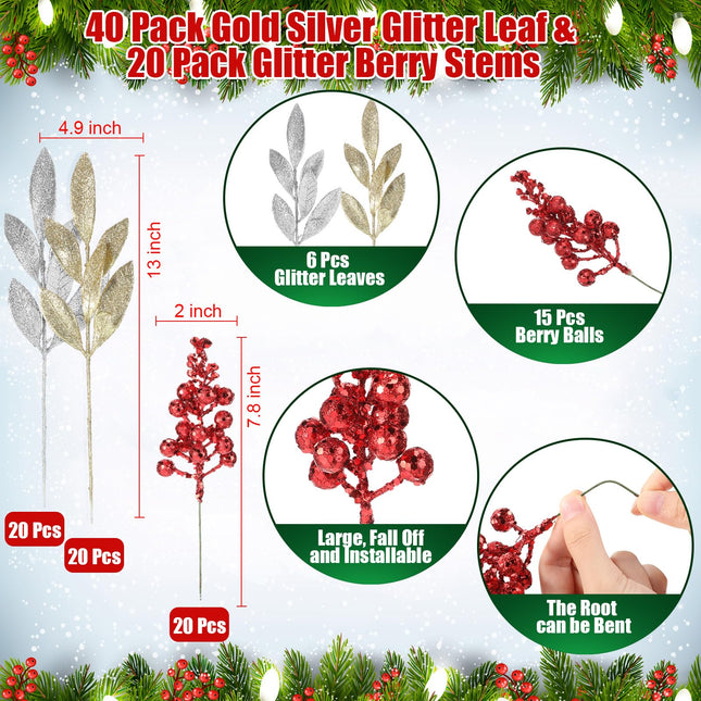 XunYee 40 Pcs 14" Xmas Artificial Glitter Leave Picks 20 Pcs 7.9" Artificial Red Berry Stems Fake Glitter Leaf Spray Faux Red Berry Picks Silver and Gold Floral Accents Christmas Glitter Berries Stems