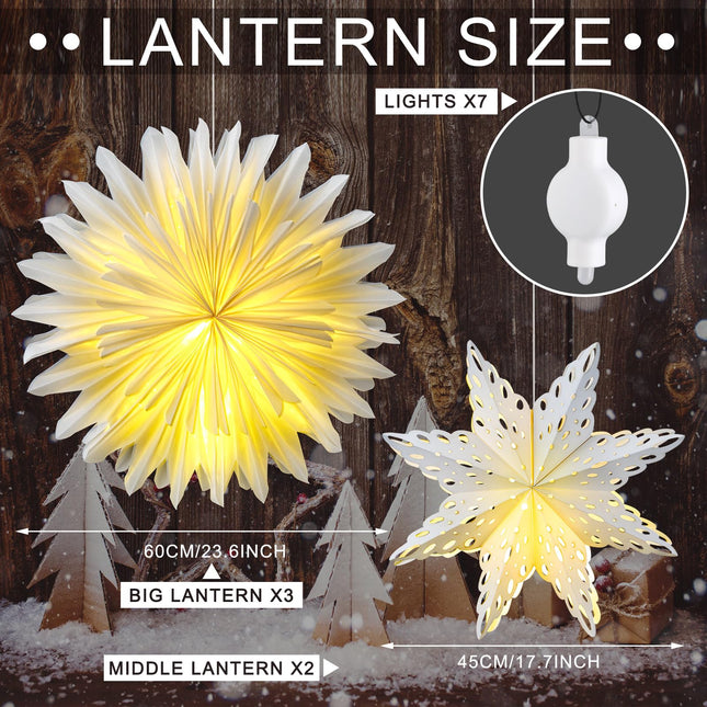 Riakrum 5 Pcs Christmas Snowflake Paper Lantern with 7 Light Star Paper Lantern Paper Lamp Frozen Party Hanging Decoration for Christmas Weddings Christmas Trees Birthday Holiday Celebration