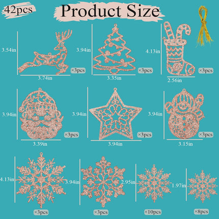 Christmas Tree Decoration Snowflake Ornaments - 42pcs Rose Gold Glitter Christmas Snowflake Tree Snowman Reindeer Santa Hanging Ornaments for Winter Wonderland Holiday Year Christmas Tree