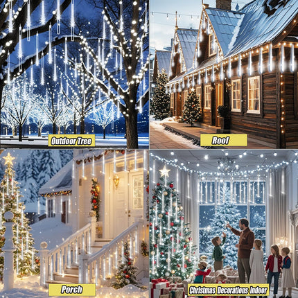 Christmas Lights Outdoor, Meteor Shower Lights 8 Tubes 192LED UL Snow Falling Rain Cascading Icicle Lights for Xmas Tree Christmas Decorations Outdoor Wedding Party Window, White