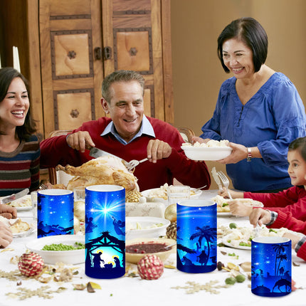 Tiamon Christmas Nativity Scene Candles LED Religious Theme Flameless Candles Battery Operated LED Warm Light Flickering Candles Xmas Pillar Candle Set for Holiday Table Decorations (Romantic)