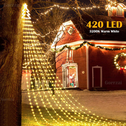 420 LED Outdoor Christmas Decorations Star String Lights Waterproof String Lights with Christmas Tree Topper, 8 Lighting Modes Waterfall Lights for Tree Patio Garden Yard Party (Warm White)