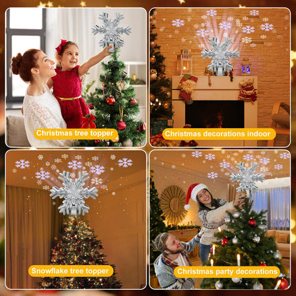 Christmas Tree Topper, Purtuemy 3D Snowflake Projection Lighted Tree Topper Christmas Decorations, 9’’ Silver Snowflake Xmas Ornaments for Indoor Year Holiday Tree Decoration, Idea