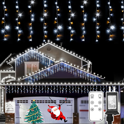 suddus Icicle Lights for Outside, 23.6ft 240 Led Hanging String Lights Outdoor Waterproof, Plug in Connectable Christmas Lights for House, Roof, Fence, Railing, Bedroom, Cool White with Warm White