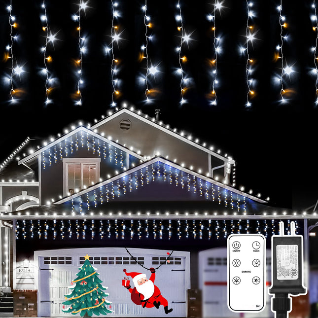 suddus Icicle Lights for Outside, 23.6ft 240 Led Hanging String Lights Outdoor Waterproof, Plug in Connectable Christmas Lights for House, Roof, Fence, Railing, Bedroom, Cool White with Warm White