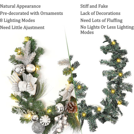Adeeing 6FT Christmas Garland with Lights, Xmas Battery Operated Artificial Rattan with Classic Silver Decorations, Xmas Garland for Home Indoor Fireplace Mantle Outdoor Decor, Silver