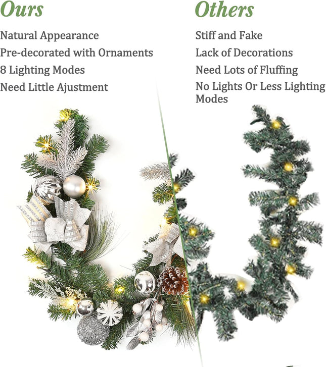 Adeeing 6FT Christmas Garland with Lights, Xmas Battery Operated Artificial Rattan with Classic Silver Decorations, Xmas Garland for Home Indoor Fireplace Mantle Outdoor Decor, Silver