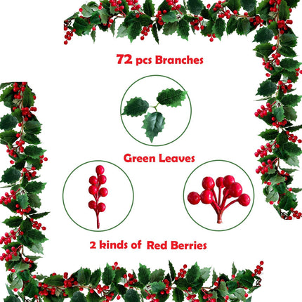 2Pcs Red Berry Christmas Garland 5.74FT Artificial Berries Garland for Mantle Indoor Outdoor Decoration Christmas Home Fireplace Winter Christmas Holiday Year Decor