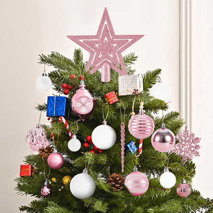 100PCS Christmas Tree Balls Ornaments Set with Christmas Tree Topper, Black Christmas Ornaments Sets for Christmas Tree, Shatterproof Hanging Christmas Tree Decorations (Pink+White)
