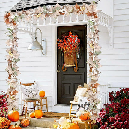 Artiflr 2 Pack Fall Garland Maple Leaf, Hanging Vine Garland Artificial Autumn Foliage Garland with White Pumpkins Thanksgiving Decor for Home Fireplace Party Christmas (White - 2 Pack)