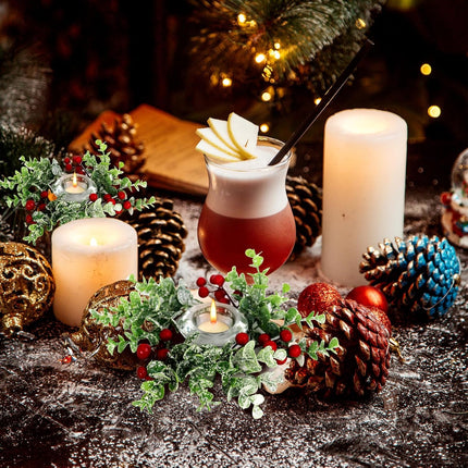 4 Pcs Christmas Candle Rings Wreath Red Berries with Eucalyptus Leaves 3.15inch, Snowy Small Wreath Candle Ring Holder for Pillars, Christmas Home Kitchen Table Centerpieces Decor