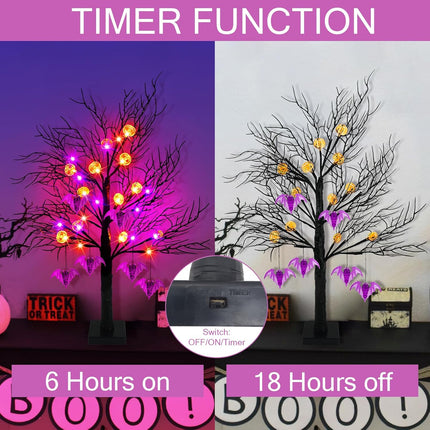 2 Pack 24 Inch Black Halloween Tree Lights, 24 LED Light Up Spooky Tree with Orange & Purple Pumpkin Bat Lights Battery Operated Tabletop Halloween Tree with Timer for Halloween Decorations