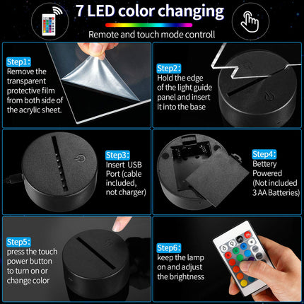 Honoson 4 Pcs 3D Night LED Light Lamp Base with 4 Pcs Acrylic Glass Panel Remote Control USB Cable 16 Colors Lamp Light Display Base Show Stand for Christmas Room Restaurant Bar Shop (Black Style)