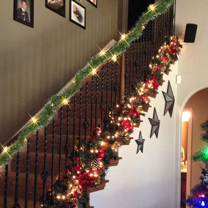 Nerosun 14.8 FT Artificial Christmas Garland, 50 Pre-Lit LED Mini String Lights Battery Operated Xmas Garland for Home Stair Railing Indoor Wedding Party Christmas Ornament Decorations (Warm White)