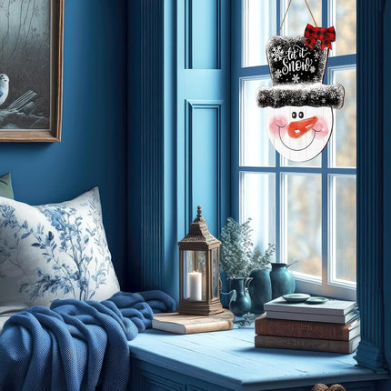 Whaline Christmas Snowman Wooden Hanging Sign Let It Snow Door Hanger Sign Xmas Winter Holiday Welcome Wreath Sign with Buffalo Plaid Bow for Indoor Outdoor Home Farmhouse Wall Window Decor