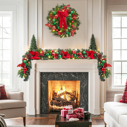 6ft Christmas Garland with Lights, Prelit Outdoor Christmas Garland with 20 LED Lights Red Green Ball Ornaments Pinecones and Ribbon Bow for Indooor Mantle Fireplace Staircase Decorations