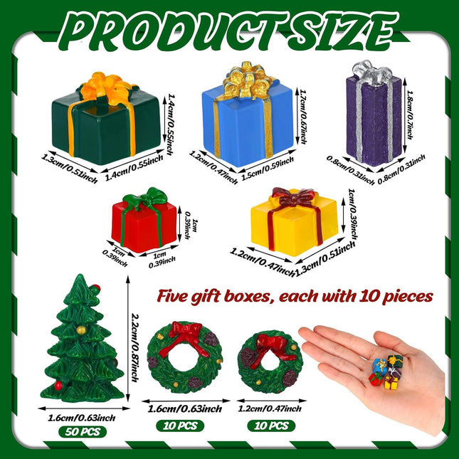 Poen 120 Pcs Christmas Miniature Ornaments Kit 50 Mini Christmas Trees Ornament 50 Christmas Resin Miniature Box and 20 Mini Green Christmas Wreaths Decorations for DIY Christmas Crafts