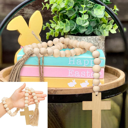 L1rabe Easter Wooden Bead Garland - Easter Jesus Cross Ornaments Bead Decoration Easter Hanging Decor Fireplace Ornaments Farmhouse Tiered Tray Prayer Bead for Easter Spring Holiday Party