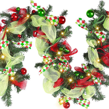Riceshoot 6 ft Red and Green Christmas Garland with Lights for Mantle Bright Green Whimsical Xmas Garland with Red Green Balls for Front Door Fireplace Porch Table Centerpiece Outdoor Party Decor