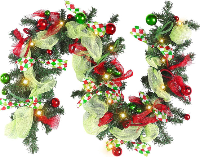 Riceshoot 6 ft Red and Green Christmas Garland with Lights for Mantle Bright Green Whimsical Xmas Garland with Red Green Balls for Front Door Fireplace Porch Table Centerpiece Outdoor Party Decor