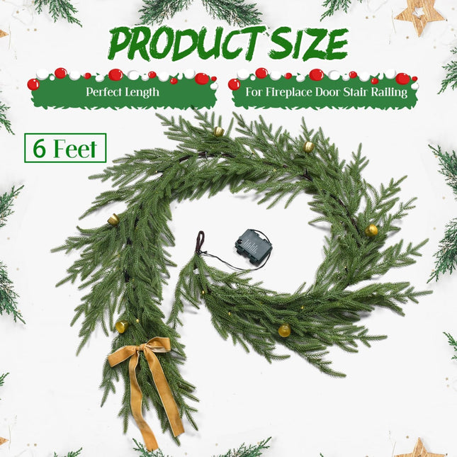 YoleShy 6FT Real Touch Norfolk Pine Garland Christmas Garland with Bell Battery Operated Prelit Garland Christmas Decorations for Mantle Fireplace Xmas Garland Home Decor