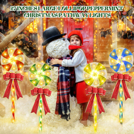 Retisee 10 Pack Lollipop Christmas Pathway Lights 27'' Christmas Lollipop Markers Lights Outdoor Christmas Peppermint Candy Pathway Lights Decorations with Bows for Xmas Holiday Yard Lawn Walkway
