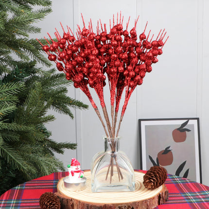 YIYA 6 Pack Red Artificial Glitter Berry Stems Fake Christmas Picks Decorative Plastic Berries for Christmas Tree Decor DIY Crafts Decoration Holiday Home Decor（11"）