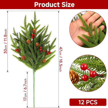 12PCS 17" Artificial Norfolk Pine Branches Christmas Decorations, Fake Cedar Stems with Pine Needle&Cone&Berry for Xmas Decor, Faux Pine Pick Green Plants Ornaments for Home/Holiday/Party