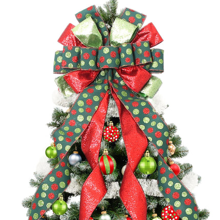 Christmas Tree Topper Wreath Bow Large Green Christmas Bow Tree Topper with Red Green Dot Patterned Bow for Xmas Ornament Holiday Home Wedding Thanksgiving Indoor/Outdoor Decoration 52"x13"