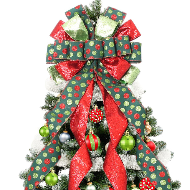 Christmas Tree Topper Wreath Bow Large Green Christmas Bow Tree Topper with Red Green Dot Patterned Bow for Xmas Ornament Holiday Home Wedding Thanksgiving Indoor/Outdoor Decoration 52"x13"
