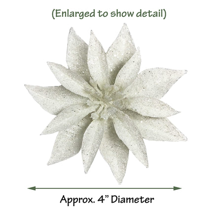 BANBERRY DESIGNS White Poinsettia Flower Christmas Ornaments Set of 24 Glittered Clip-On Accessories Floral Accessories Xmas Decorations Each Measures 4" D