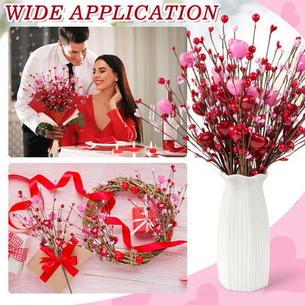 6 Pack Valentine’s Day Picks Artificial Berry Flower Stems Picks with Hearts for Valentines Day Decor and s Wedding Anniversary Decorations(16inch Pink + Red)