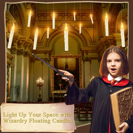 Halloween Decorations - Floating Candles with Wand, 12 Pcs Flameless Candles with Warm Light Flickering, Witch Wizard Christmas Decor for Indoor Home Room Classroom Bedroom Birthday Party