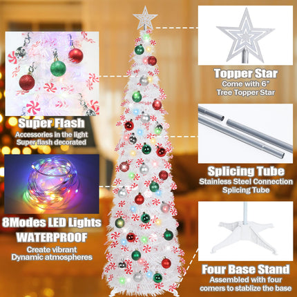 HMASYO 5 FT Pop Up Candy Cane Christmas Tree with Timer Lights and Decorations, Tinsel Christmas Tree with Candy and 24 Balls Ornament, Collapsible Pencil Tree Xmas Decoration for Home, Office, Party