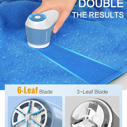 BEAUTURAL Fabric Shaver and Lint Remover, Rechargeable Sweater Defuzzer | 6-Leaf Blades, Electric Clothes Shavers to Trim Fuzz and Pills, Remove Pilling for Clothing, Furniture, Couch, Blanket - Blue
