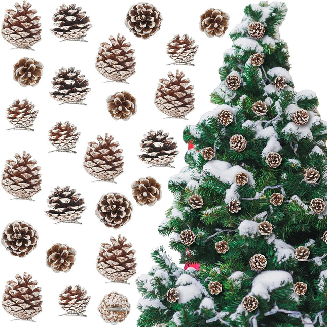 24 Pcs Pine Cone for Christmas Tree Pinecone Christmas Ornament 3 Size Pine Cone for Craft Decorating with Silver Metal Clip Rustic Pinecones Farmhouse Christmas Decoration Wreath DIY (Snow)