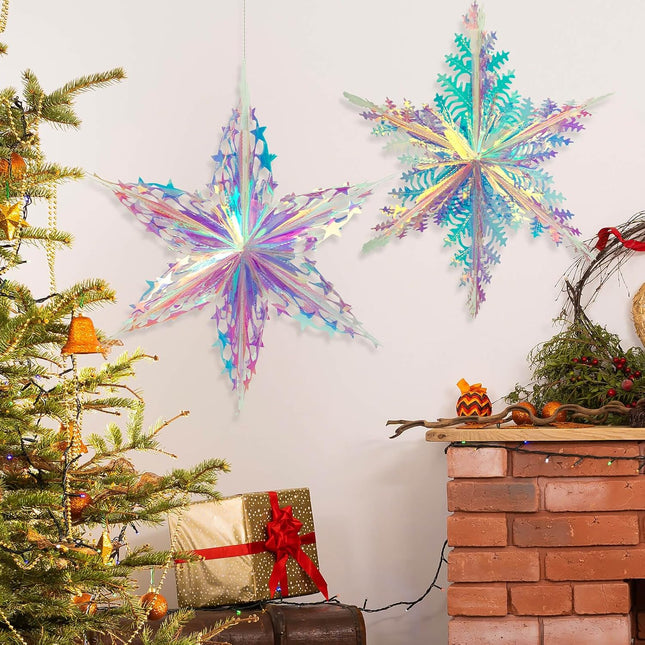 SONGTIY 2PCS Iridescent Honeycomb Snowflake Decorative Hanging Ornaments, Shiny Iridescent Foil Ceiling Garlands, for Chriatmas Birthday Wedding Frozen Theme Party Fairy Princess Rainbow Show Decorati