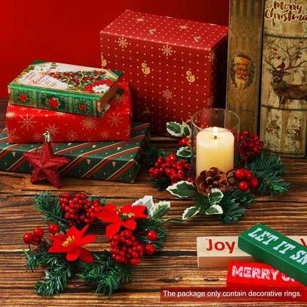Set of 8 Christmas Candle Rings Christmas Wreaths Berry Pinecone Red Poinsettia Candle Wreaths Rings Mini Christmas Candleholders Xmas Wreath Candle Holder for Christmas Centerpiece(Stylish)