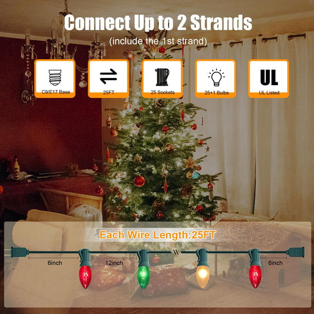 C9 Red White and Green Christmas Lights Outdoor 25FT Vintage Christmas Lights with 26 C9 Clear Colorful Bulbs UL Listed for Holiday Christmas Path Roofline Patio Garden Party Xmas Wedding Decoration